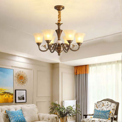 Rustic Copper Iron Glass Marble Column Bell Chandelier — 3 / 220V-240V For UK/AU