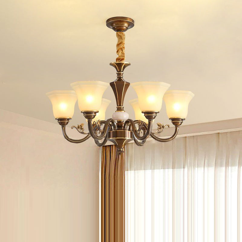 Rustic Copper Iron Glass Marble Column Bell Chandelier