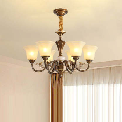 Rustic Copper Iron Glass Marble Column Bell Chandelier