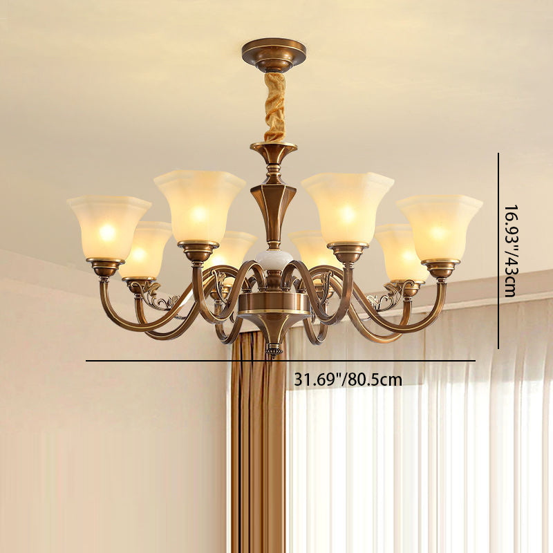 Rustic Copper Iron Glass Marble Column Bell Chandelier — 15 / 110V-120V For US/CA
