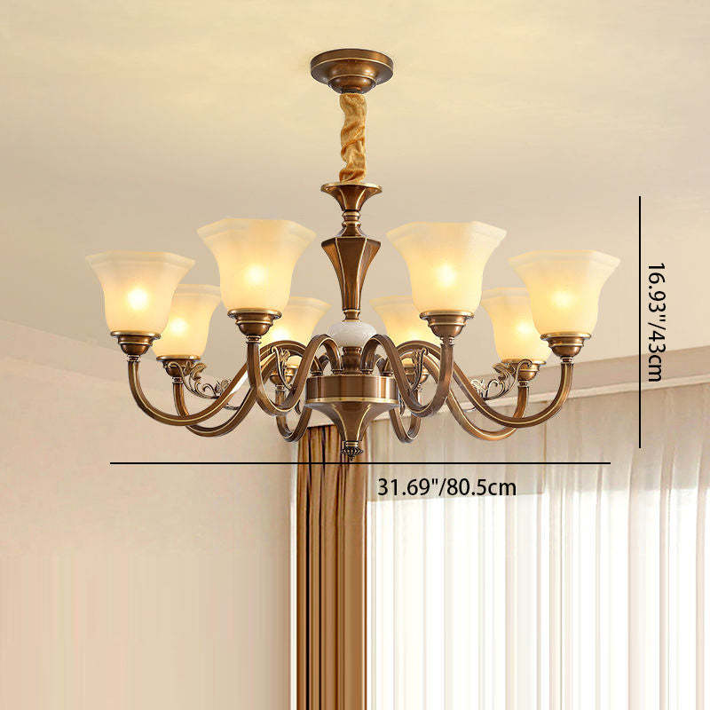 Rustic Copper Iron Glass Marble Column Bell Chandelier — 15 / 110V-120V For US/CA
