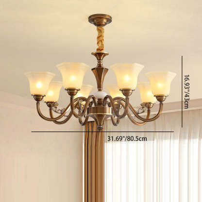 Rustic Copper Iron Glass Marble Column Bell Chandelier — 15 / 110V-120V For US/CA