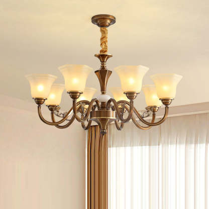 Rustic Copper Iron Glass Marble Column Bell Chandelier