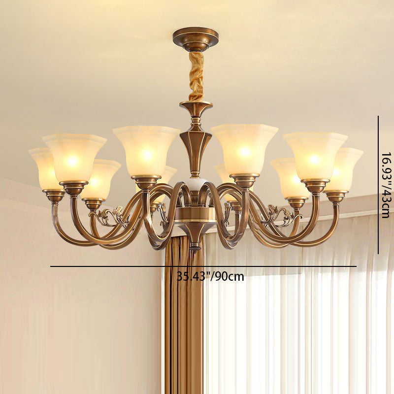 Rustic Copper Iron Glass Marble Column Bell Chandelier — 15 / 220V-240V For UK/AU