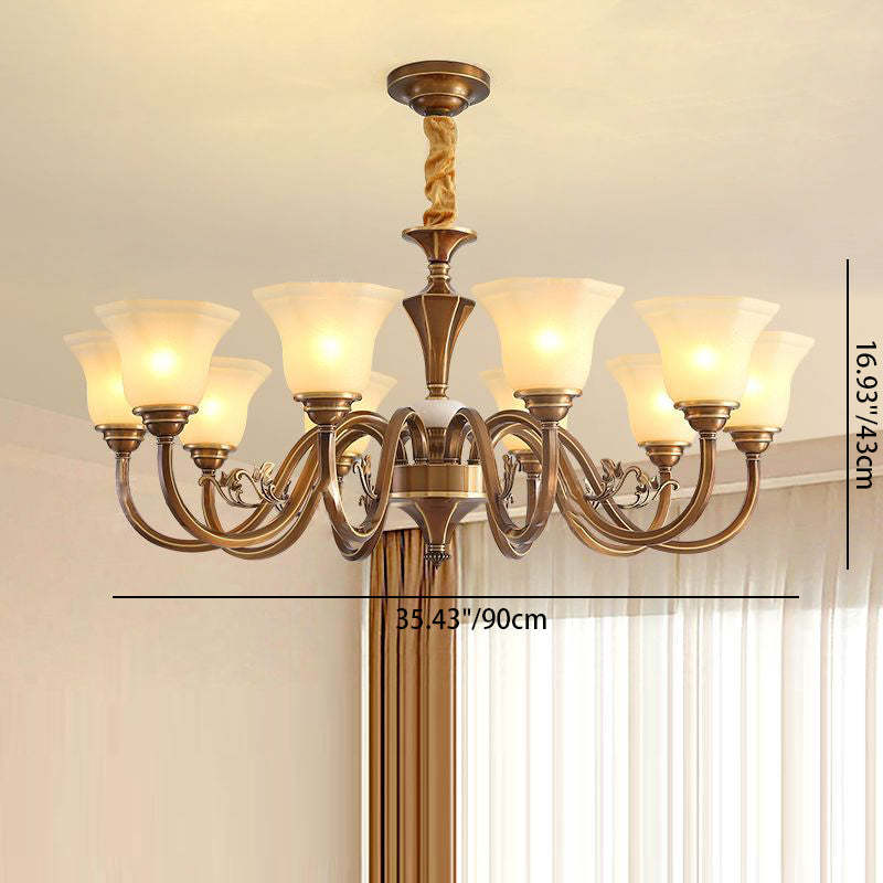 Rustic Copper Iron Glass Marble Column Bell Chandelier — 15 / 220V-240V For UK/AU