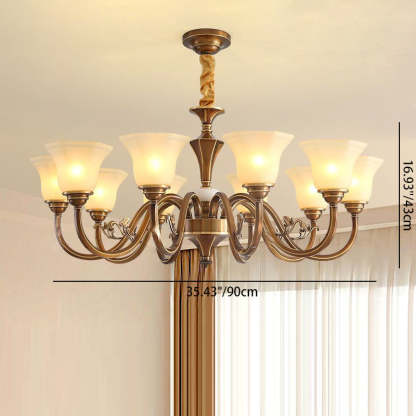 Rustic Copper Iron Glass Marble Column Bell Chandelier — 15 / 220V-240V For UK/AU