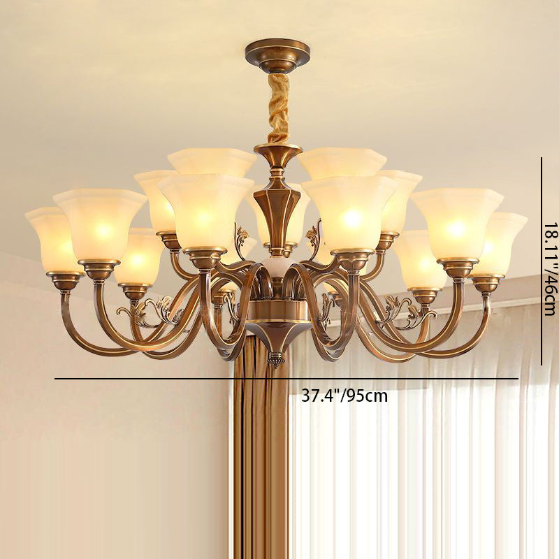 Rustic Copper Iron Glass Marble Column Bell Chandelier