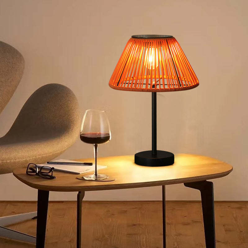Farmhouse Solar Rattan Conic Outdoor Table Lamp