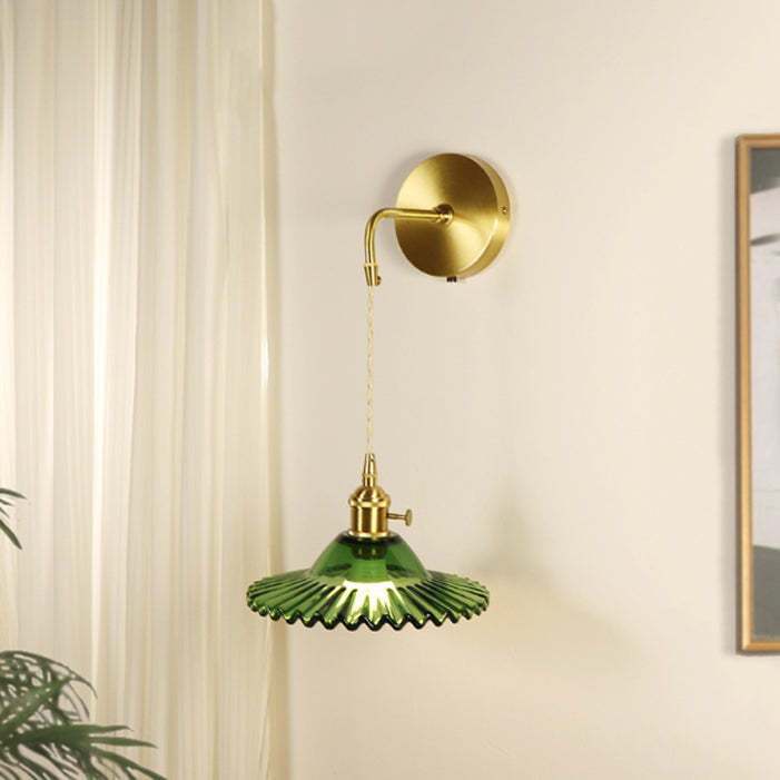 Retro Rechargeable Brass Glass Scalloped Wall Sconce