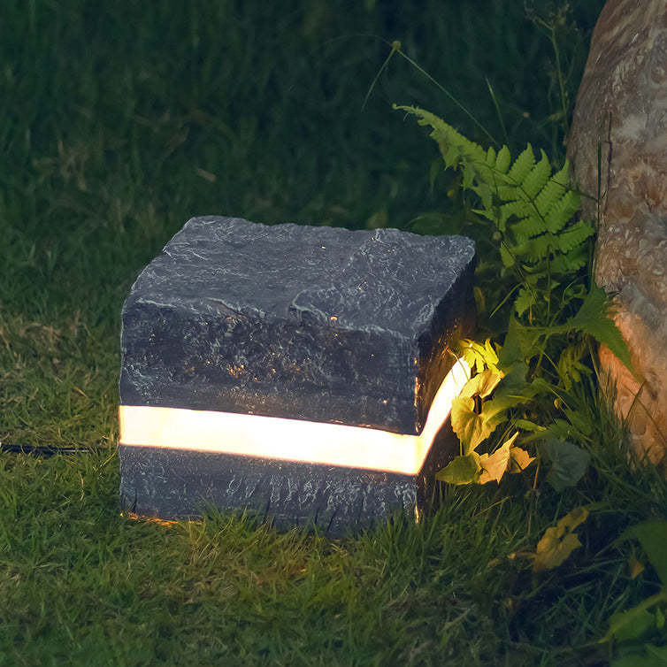 Solar Resin Glass Fiber Faux Stone Stripe Cube Light