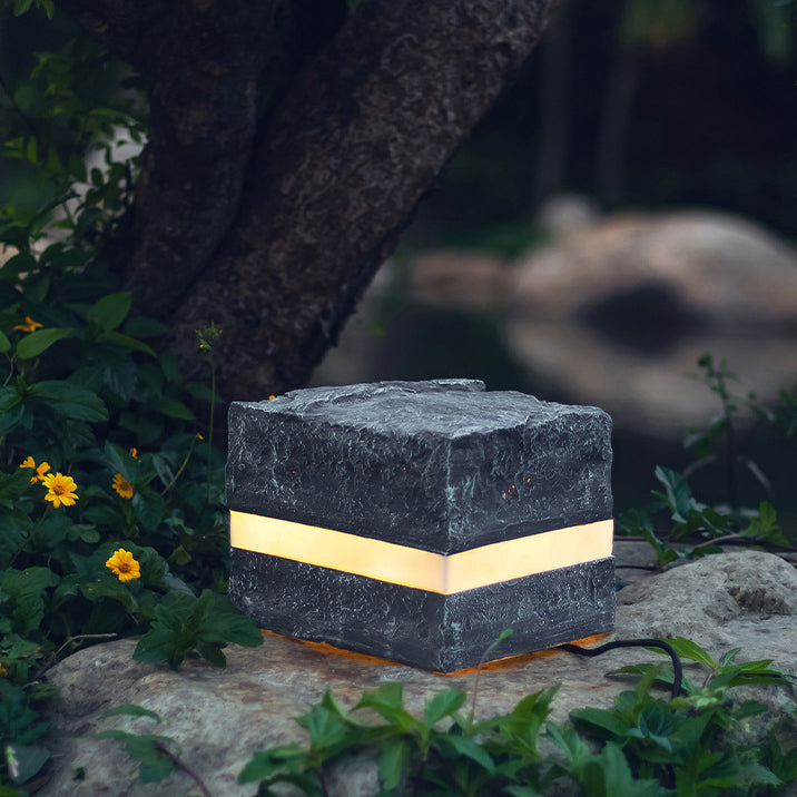 Solar Resin Glass Fiber Faux Stone Stripe Cube Light