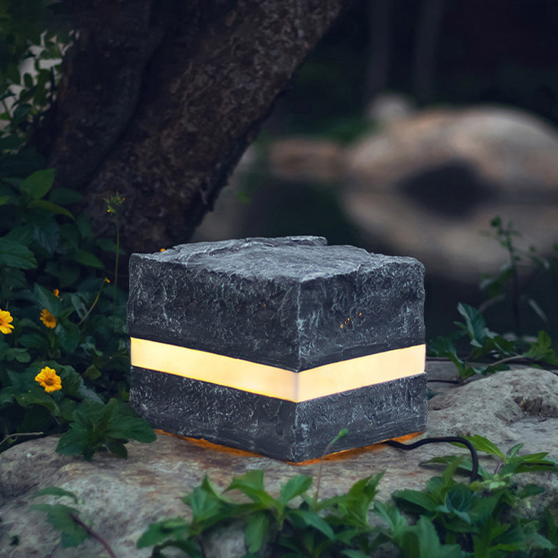 Solar Resin Glass Fiber Faux Stone Stripe Cube Light