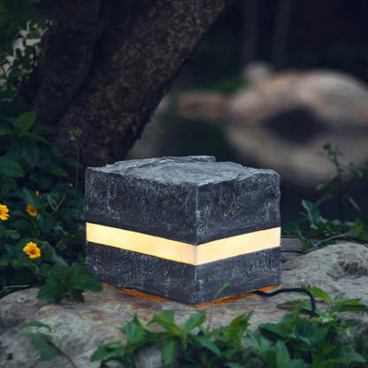 Solar Resin Glass Fiber Faux Stone Stripe Cube Light