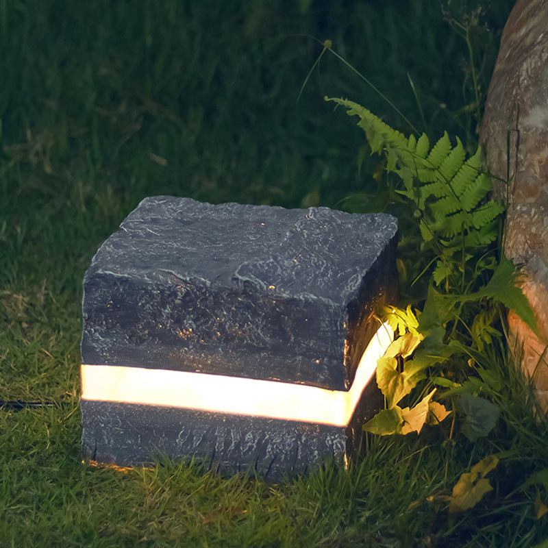 Solar Resin Glass Fiber Faux Stone Stripe Cube Light