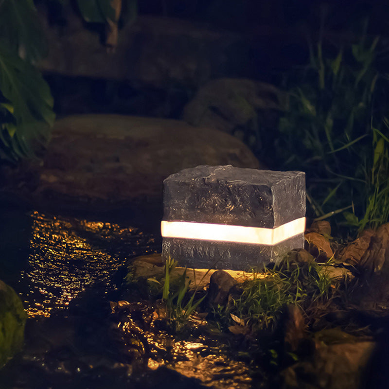 Solar Resin Glass Fiber Faux Stone Stripe Cube Light