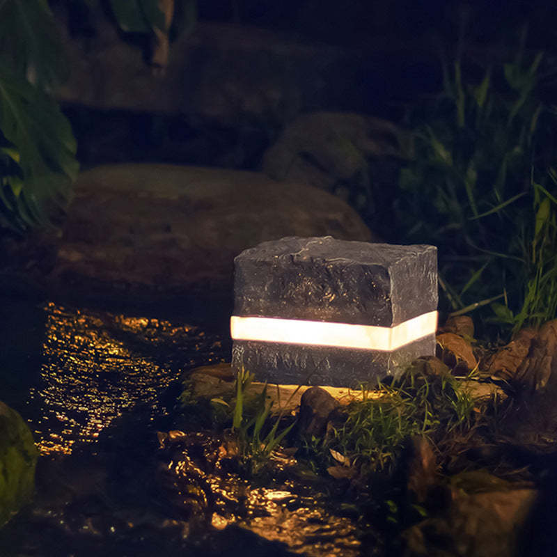 Solar Resin Glass Fiber Faux Stone Stripe Cube Light