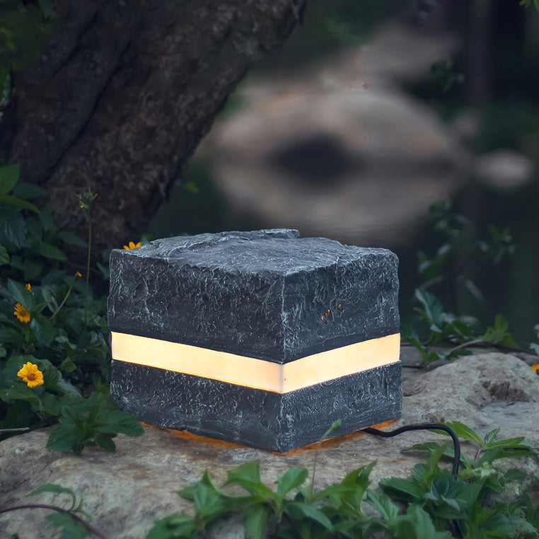 Solar Resin Glass Fiber Faux Stone Stripe Cube Light