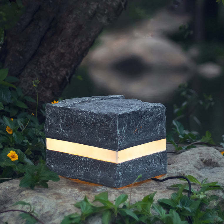Solar Resin Glass Fiber Faux Stone Stripe Cube Light