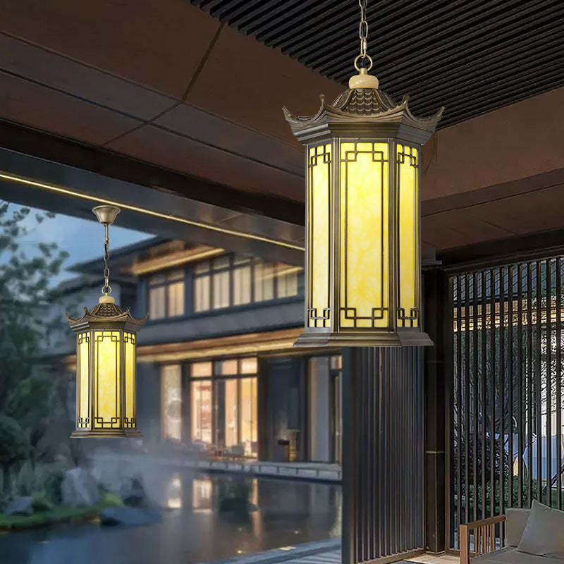 Chinese Faux Marble Lantern Pergola Outdoor Pendant Light