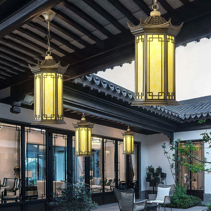 Chinese Faux Marble Lantern Pergola Outdoor Pendant Light