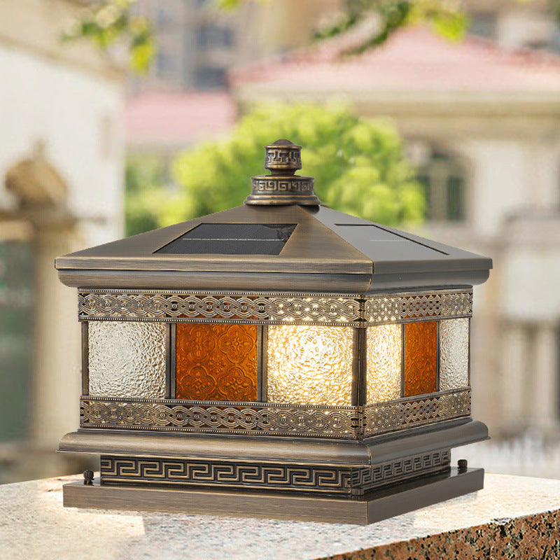 Retro Solar Copper Glass Square Palace Printed Pillar Light