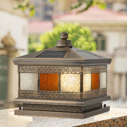 Retro Solar Copper Glass Square Palace Printed Pillar Light