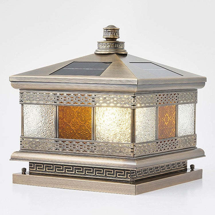 Retro Solar Copper Glass Square Palace Printed Pillar Light
