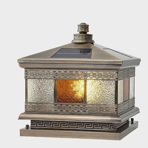 Retro Solar Copper Glass Square Palace Printed Pillar Light