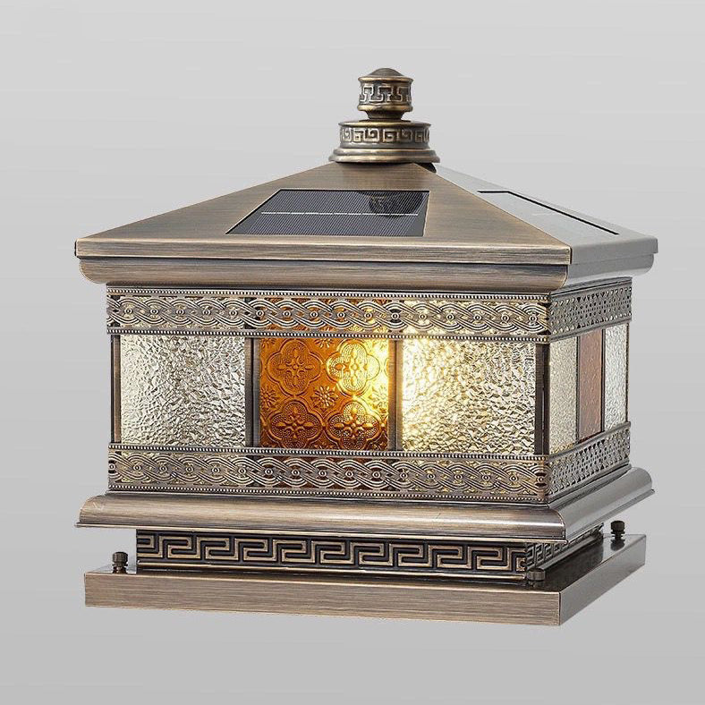 Retro Solar Copper Glass Square Palace Printed Pillar Light