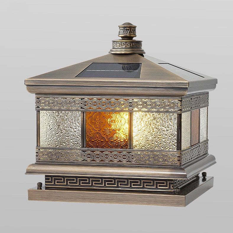 Retro Solar Copper Glass Square Palace Printed Pillar Light