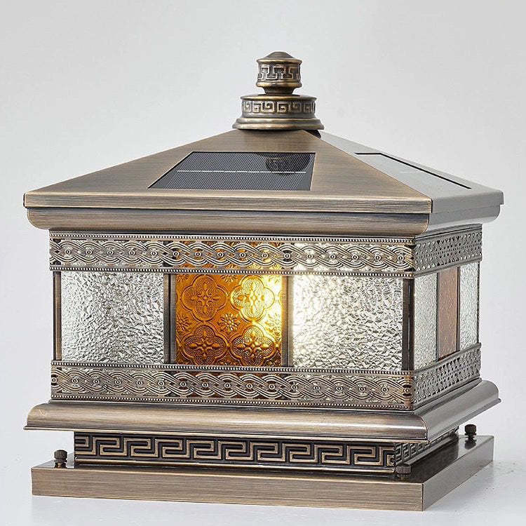 Retro Solar Copper Glass Square Palace Printed Pillar Light