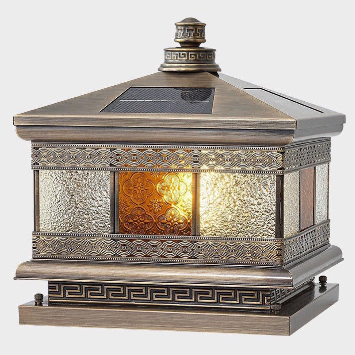 Retro Solar Copper Glass Square Palace Printed Pillar Light