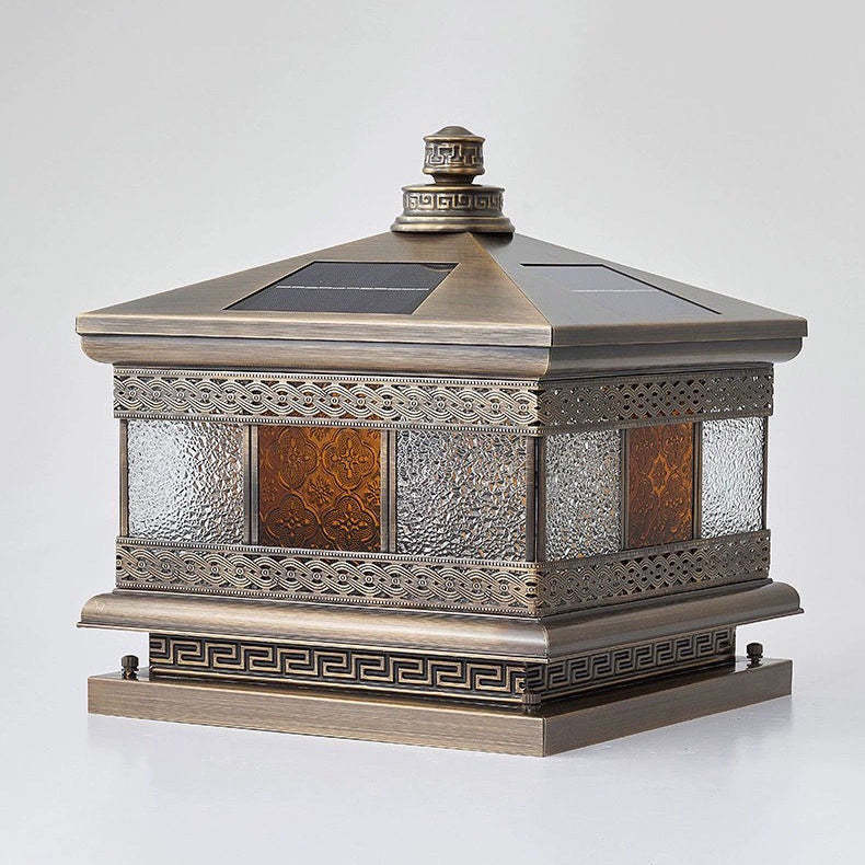 Retro Solar Copper Glass Square Palace Printed Pillar Light