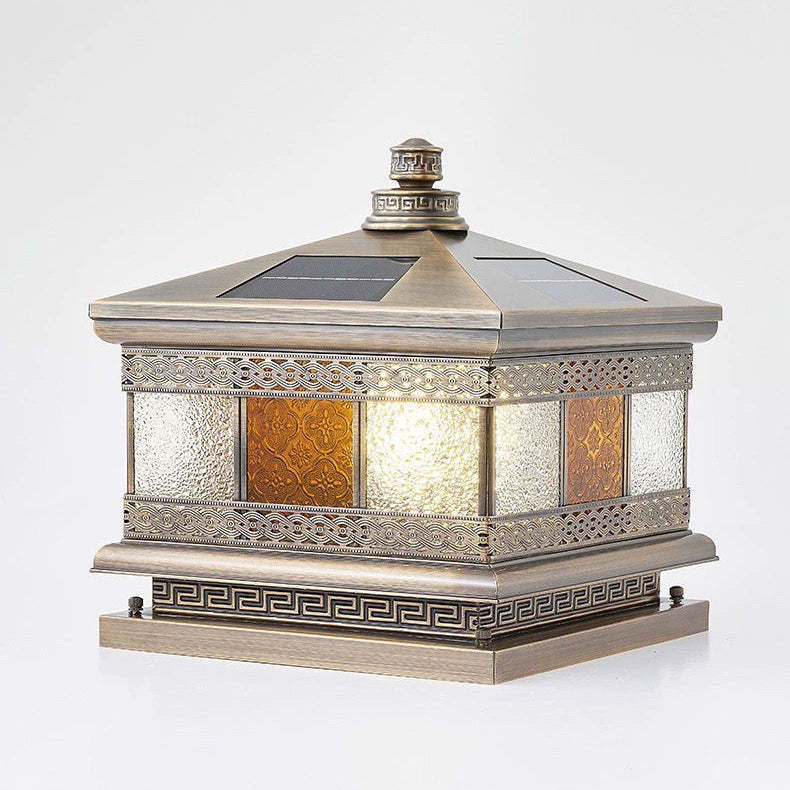 Retro Solar Copper Glass Square Palace Printed Pillar Light