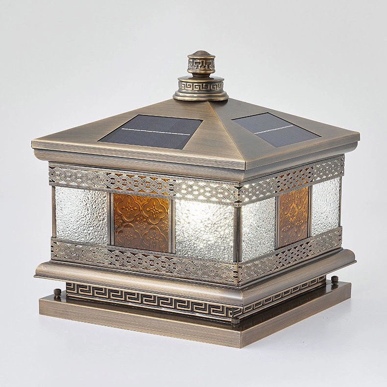 Retro Solar Copper Glass Square Palace Printed Pillar Light