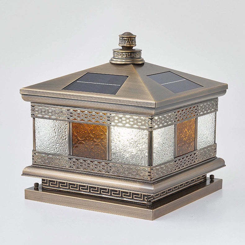 Retro Solar Copper Glass Square Palace Printed Pillar Light