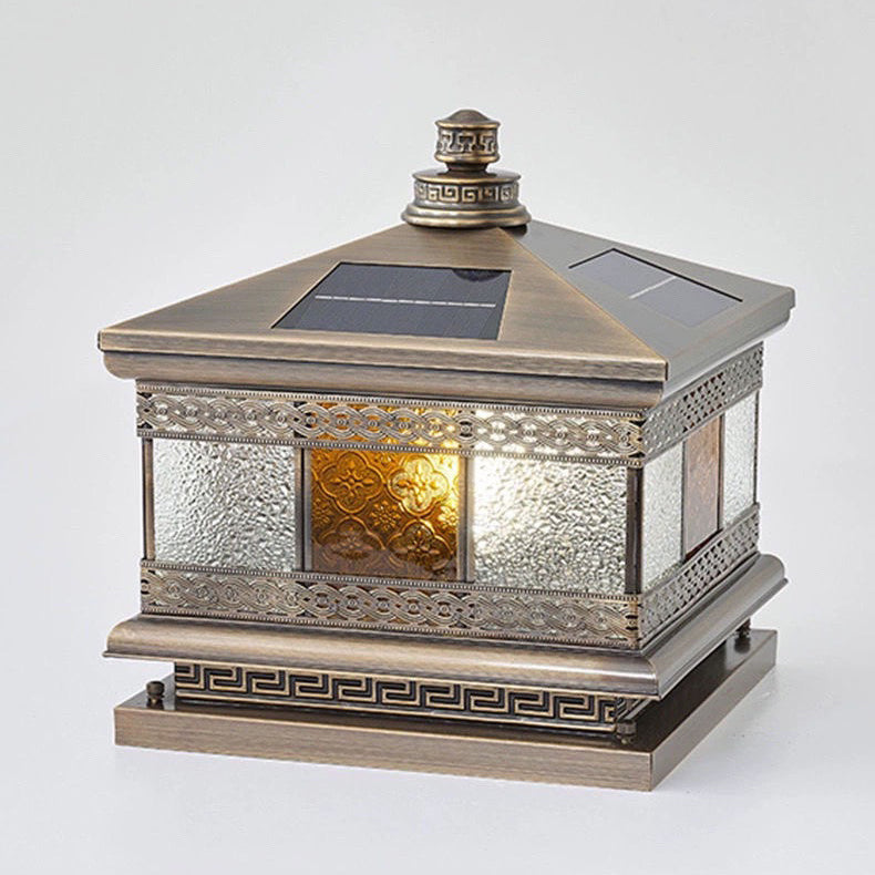Retro Solar Copper Glass Square Palace Printed Pillar Light