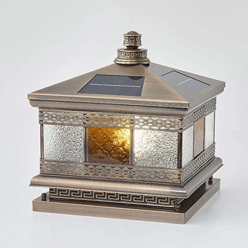 Retro Solar Copper Glass Square Palace Printed Pillar Light