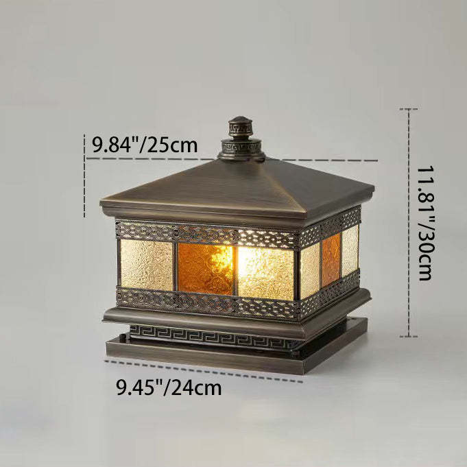 Retro Solar Copper Glass Square Palace Printed Pillar Light