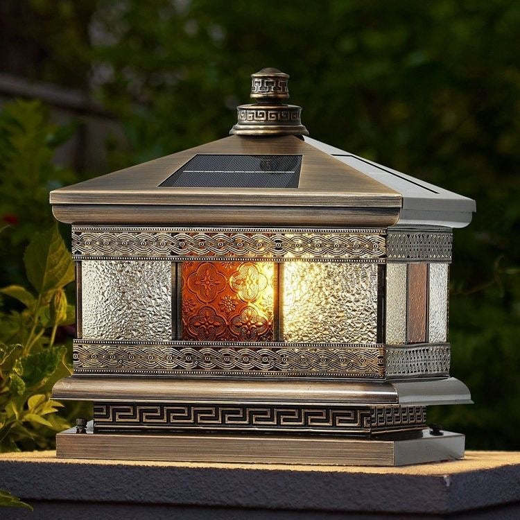 Retro Solar Copper Glass Square Palace Printed Pillar Light