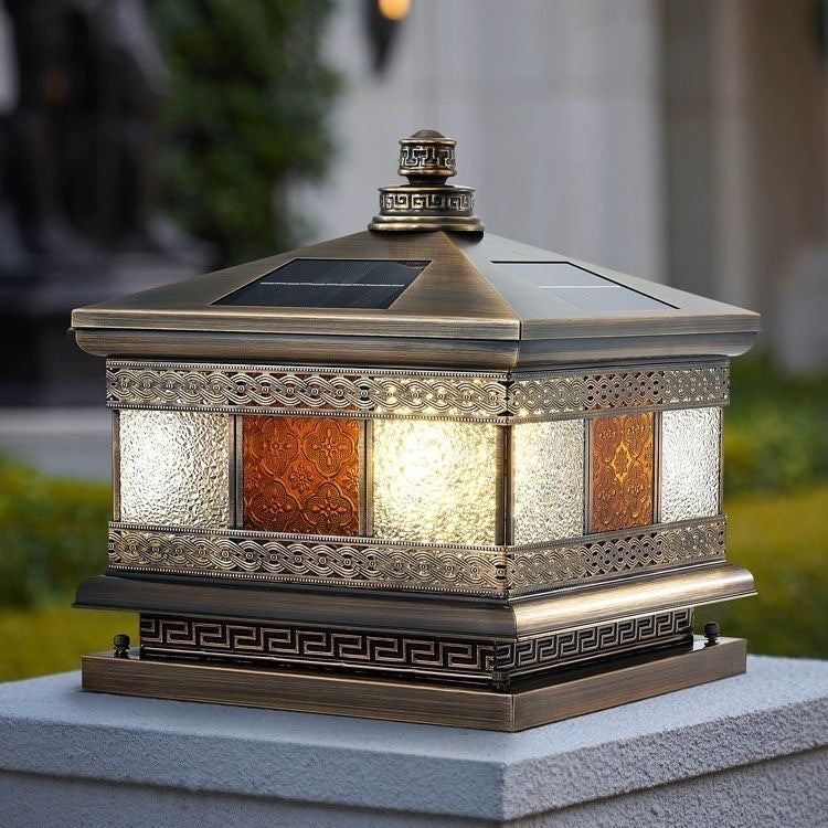 Retro Solar Copper Glass Square Palace Printed Pillar Light