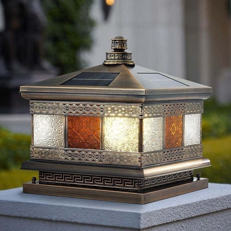 Retro Solar Copper Glass Square Palace Printed Pillar Light