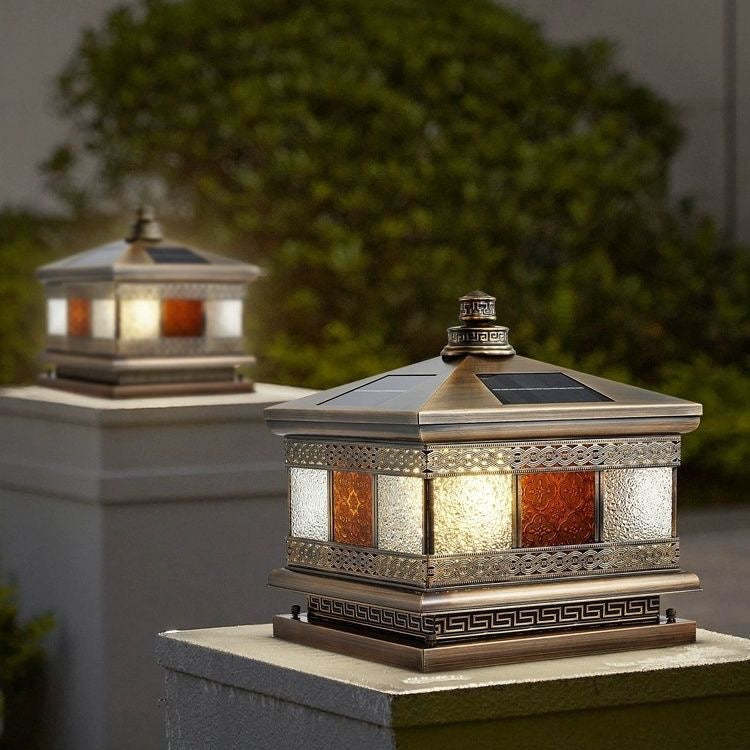 Retro Solar Copper Glass Square Palace Printed Pillar Light