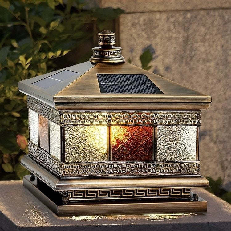 Retro Solar Copper Glass Square Palace Printed Pillar Light