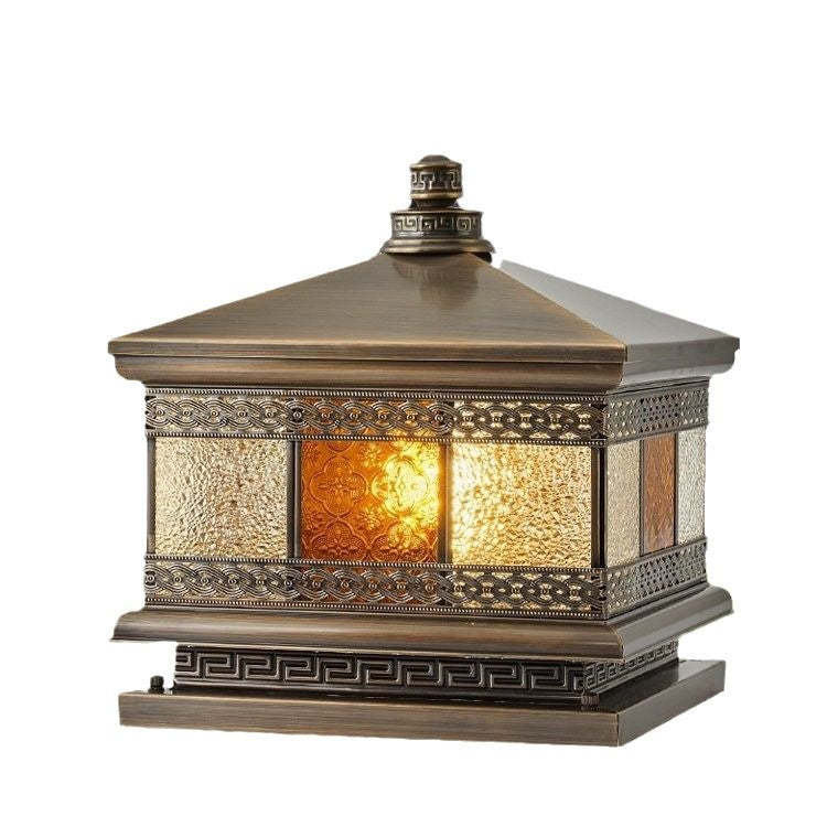 Retro Solar Copper Glass Square Palace Printed Pillar Light