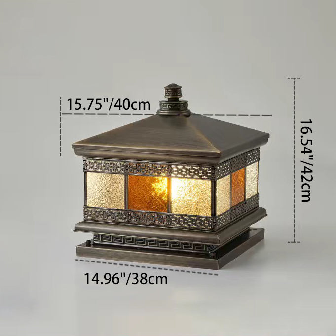 Retro Solar Copper Glass Square Palace Printed Pillar Light