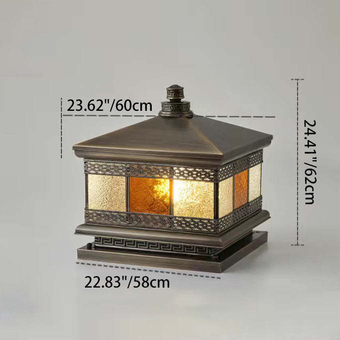 Retro Solar Copper Glass Square Palace Printed Pillar Light