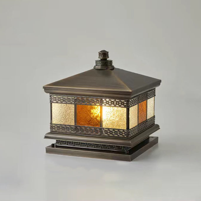Retro Solar Copper Glass Square Palace Printed Pillar Light
