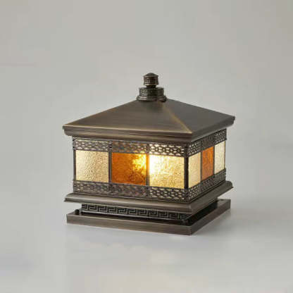 Retro Solar Copper Glass Square Palace Printed Pillar Light