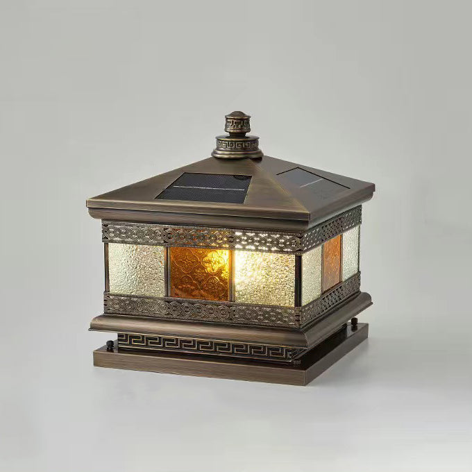 Retro Solar Copper Glass Square Palace Printed Pillar Light
